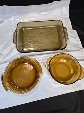 3 Vtg ANCHOR HOCKING Amber Glass 10" Pie Dish, 13½x9x2 And 1Qt Casserole Dishes